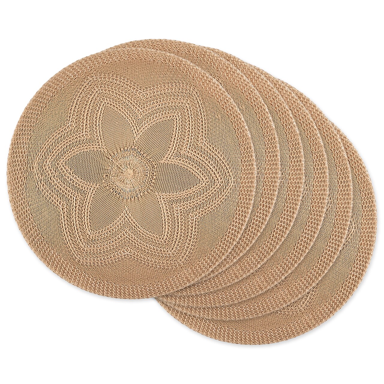 Contemporary Home Living Woven Flowers Round Placemats - 15" - Tan - Set of 6